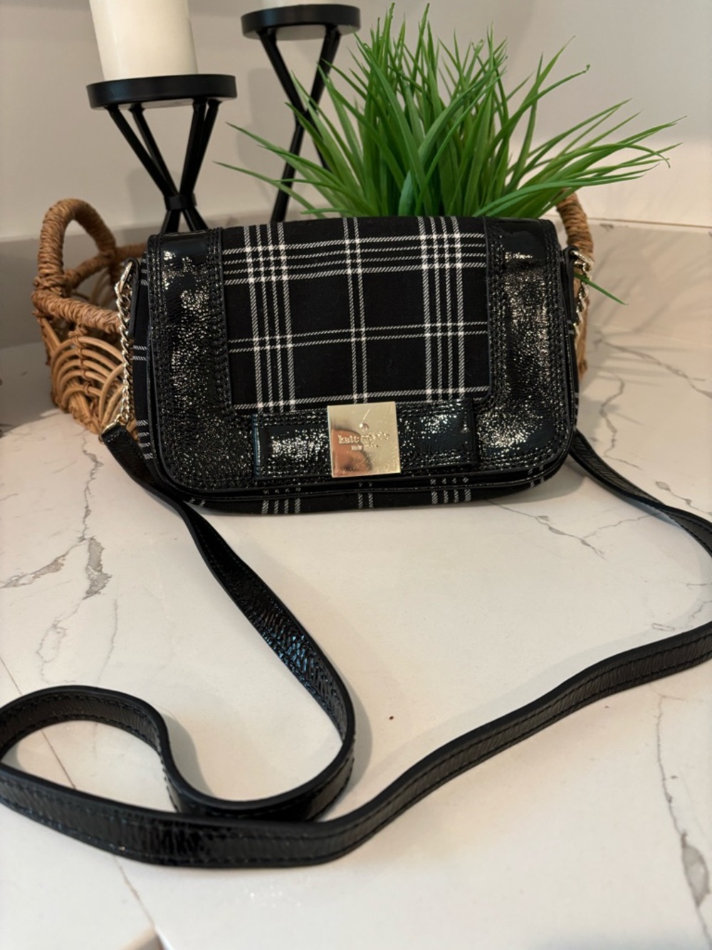 Kate Spade Primrose Hill Little Kailen Crossbody Plaid Fabric Patent Leather Bow